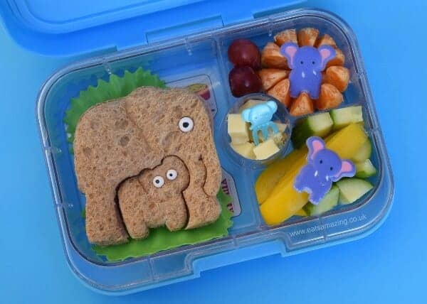 Easy elephant packed lunch with cute elephant sandwich made with the lunch punch critter cutters set - fun kids food ideas from Eats Amazing UK