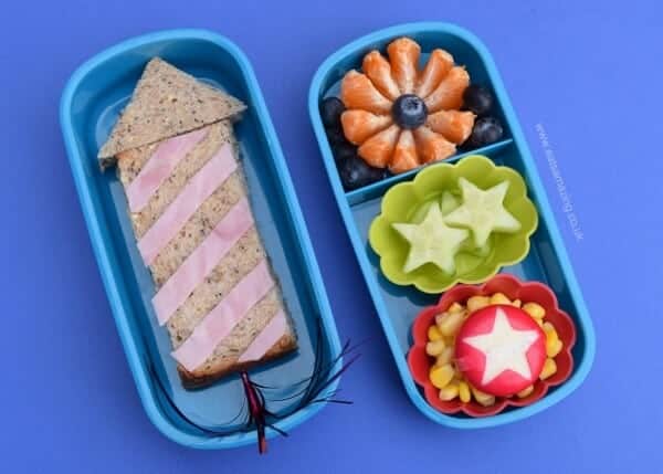 Fireworks themed bento lunch with rocket sandwich - healthy and fun food for kids from Eats Amazing UK - great for bonfire night