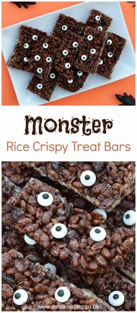 Monster rice crispy treats recipe - these fun treat bars are great for Halloween party food and cooking with the kids - fun Halloween food idea from Eats Amazing UK
