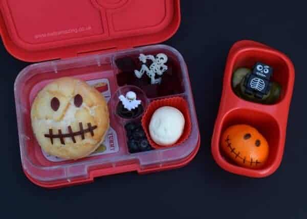 Spooky Skull Kids Bento Lunch for Halloween in the Yumbox Panino with matching snack box - from Eats Amazing UK