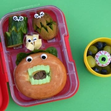 Super easy Halloween bento lunch for kids with bagel monster - less than 5 minutes to make and so much fun - Eats Amazing UK