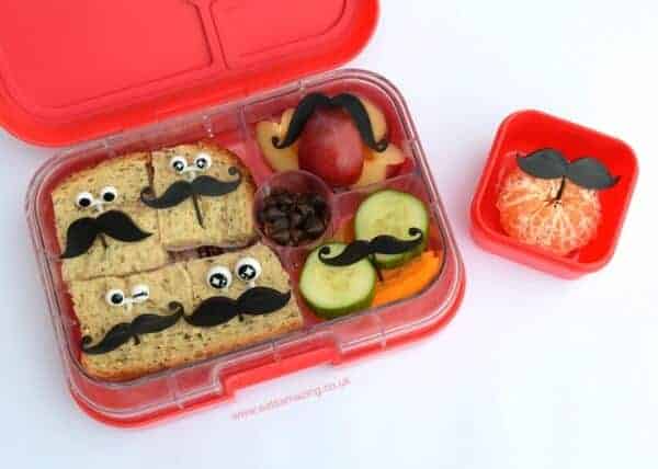 Super simple fun yumbox bento lunch idea with mustache food picks and googly eye bento picks - easy fun food for kids from Eats Amazing UK